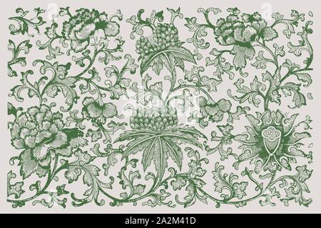 Storico ornamentali cinesi motivo floreale. Verde scuro illustrazione colorata dopo un XIX secolo incisione. Modificabile in strati Illustrazione Vettoriale