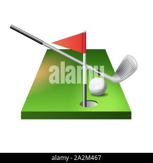 3d campo da golf con il club, la sfera e la bandiera rossa nel foro isolato su sfondo bianco, illustrazione vettoriale. Illustrazione Vettoriale