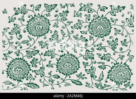 Cinese storico disegnati a mano con motivi floreali ornamentali pattern. Verde illustrazione colorata dopo un XIX secolo incisione. Modificabile in strati Illustrazione Vettoriale