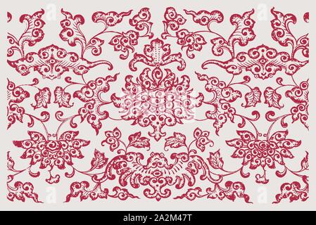 Cinese storico disegnati a mano con motivi floreali ornamentali pattern. Colore rosso illustrazione dopo un XIX secolo incisione. Modificabile in strati Illustrazione Vettoriale
