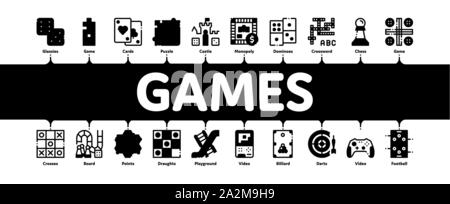 Interactive Giochi Bambini minimo infografico vettore Banner Illustrazione Vettoriale