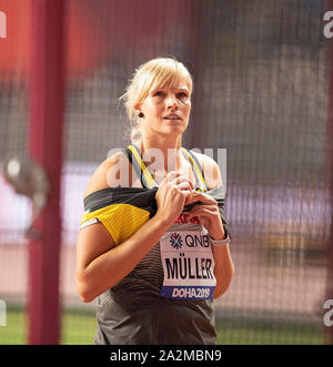 Doha, Katar. 02oct, 2019. Nadine MUELLER (MuÌller) (Germania) Qualifica donna Discus, su 02.10.2019 mondiali di atletica 2019 a Doha/Qatar, dal 27.09. - 10.10.2019. | Utilizzo di credito in tutto il mondo: dpa/Alamy Live News Foto Stock