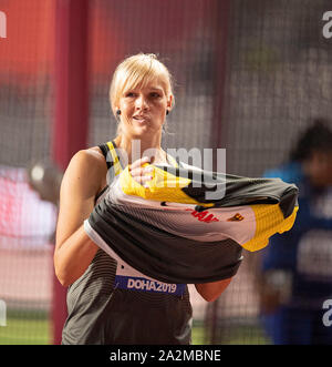 Doha, Katar. 02oct, 2019. Nadine MUELLER (MuÌller) (Germania) Qualifica donna Discus, su 02.10.2019 mondiali di atletica 2019 a Doha/Qatar, dal 27.09. - 10.10.2019. | Utilizzo di credito in tutto il mondo: dpa/Alamy Live News Foto Stock