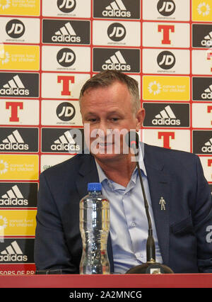 Windsor Park, Belfast, Irlanda del Nord, Regno Unito. 03 ott 2019. Irlanda del Nord manager Michael O'Neill chiamato la sua squadra oggi per la cruciale EURO 2020 partita di qualificazione contro i Paesi Bassi (a Rotterdam il 10 ottobre) e un amichevole internazionale contro la Repubblica ceca (a Praga il 14 ottobre). Irlanda del Nord è il secondo, dietro la Germania sulla differenza goal, nel gruppo C, mentre i Paesi Bassi sono il terzo, tre punti dietro con un gioco in mano.Credit: David Hunter/Alamy Live News. Foto Stock