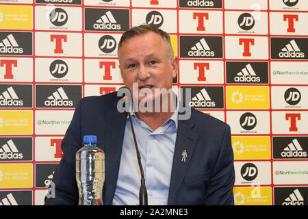 Windsor Park, Belfast, Irlanda del Nord, Regno Unito. 03 ott 2019. Irlanda del Nord manager Michael O'Neill chiamato la sua squadra oggi per la cruciale EURO 2020 partita di qualificazione contro i Paesi Bassi (a Rotterdam il 10 ottobre) e un amichevole internazionale contro la Repubblica ceca (a Praga il 14 ottobre). Irlanda del Nord è il secondo, dietro la Germania sulla differenza goal, nel gruppo C, mentre i Paesi Bassi sono il terzo, tre punti dietro con un gioco in mano.Credit: David Hunter/Alamy Live News. Foto Stock