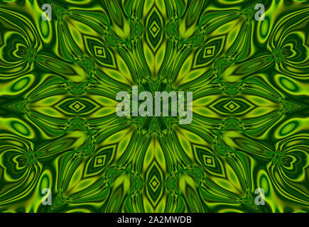 Abstract sfondo verde del cuore verde a forma di foglie con effetto caleidoscopio Foto Stock