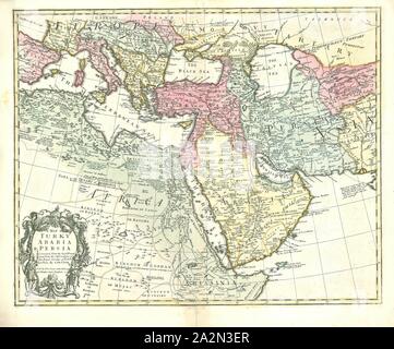 Mappa, una mappa di Turky saudita & Persia rettificato dalle più recenti viaggi e dalle osservazioni del Royal Societys di Londra e Parigi, Guillaume Delisle (1675-1726), stampa di calcografia Foto Stock