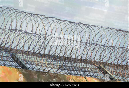 Acquerello immagine: filo spinato rotola sul bordo della parete di un carcere in Germania. Foto Stock