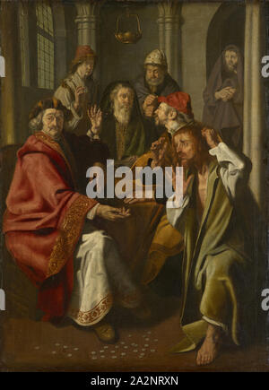 Giuda restituisce i pezzi d'argento, olio su tela, 140 x 102 cm, firmato in mezzo al di sotto del inkwell: J.W., STAP, Jan Woutersz. gen. Stap, 1599- Febr. 1663 Foto Stock
