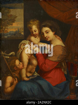 Madonna con il bambino e il Johnneskin, olio su legno di pioppo, 27.3 x 21.5 cm, unsigned, Carlo Cignani, Forlì 1628-1719 Forlì Foto Stock