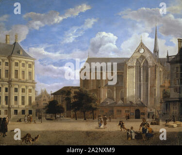 La diga di Amsterdam contro il Municipio e la Nieuwe Kerk, c. 1670, olio su oak, 44,9 x 56 cm, firmato in basso a destra: Heyde, Jan van der Heyden, Gorinchem 1637-1712 Amsterdam Foto Stock