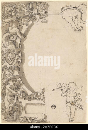 Vetro rotto con cornice ovale e vuoto figura centrale, negli angoli putti, c. 1570/75, giù in nero, marrone lavato, resti di un disegno preliminare con matita nera, foglio: 20,6 x 14,5 cm, unsigned, Hans Brand, Basilea 1552-1577/78 (?) Basilea Foto Stock