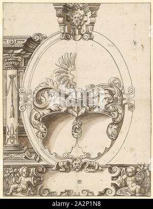 Vetro rotto con cornice ovale e due stemmi vuoto, giù in nero, marrone lavaggio, foglio: 38,4 x 29,4 cm, non segnato, Hieronymus Vischer, (?), Basilea 1564-1630 Basilea, Hans Brand, (Kopie nach (?) / copia dopo (?), Basilea 1552-1577/78 (?) Basilea Foto Stock