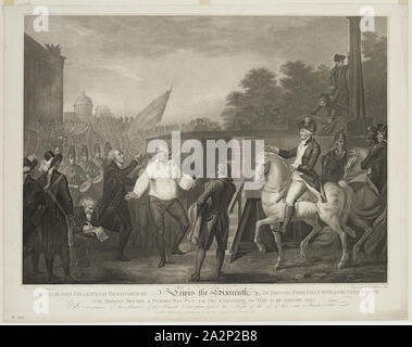 Luigi Schiavonetti, Italiano, 1765-1810, dopo Charles Benazeck, Inglese, 1767-1794, Louis XVI crescente l'impalcatura, ca. 1795, incisione stampate con inchiostro nero su carta intessuta, Immagine: 17 5/8 × 24 pollici (44,8 × 61 cm Foto Stock