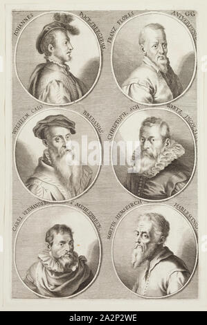 Jacob Von Sandrart, Tedesco, 1630-1708, ritratti di Johann Pocksberger, Frans Floris, William Caio, Christoph Schwartz, Carel Vermander Meulebreck e Martin Hemskirch Harlemens., ca. 1683, incisione stampate con inchiostro nero su carta vergata, Piastra: 12 1/4 x 8 pollici (31,1 × 20,3 cm Foto Stock