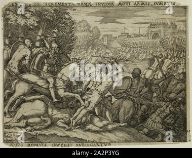 Giovanni Battista Fontana, Italiano, 1524-1587, Romolo assoggetta il Fidenaeans, 1573, di attacco e di incisione stampate con inchiostro nero su carta vergata, foglio: 5 3/8 x 7 pollici (13,7 × 17,8 cm Foto Stock