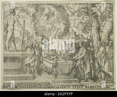 Giovanni Battista Fontana, Italiano, 1524-1587, Romolo offre un sacrificio a Ercole, 1573, di attacco e di incisione stampate con inchiostro nero su carta vergata, foglio: 5 1/2 x 7 pollici (14 × 17,8 cm Foto Stock