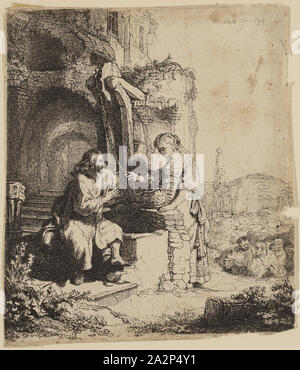 Rembrandt Harmensz van Rijn, Olandese, 1606-1669, Cristo e la donna di Samaria tra le rovine, 1634, incisione stampate con inchiostro nero su carta vergata, Piastra: 4 7/8 × 4 1/4 pollici (12,4 × 10,8 cm Foto Stock