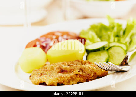 Cotoletta con patate, pomodori, cetrioli e lattuga. Cibi fatti in casa. Immagine simbolica. Foto Stock