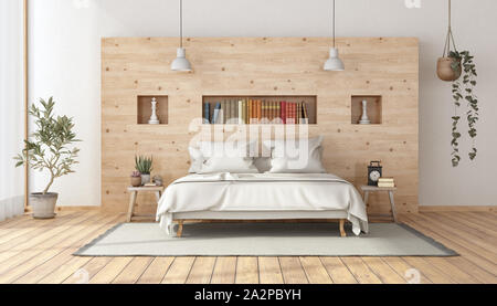 In legno letto matrimoniale in una camera da letto in stile contemporaneo con  nicchia , libri e oggetti di arredamento - 3D Rendering Foto stock - Alamy