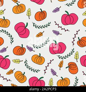 Caduta disegnati a mano scarabocchi di zucche e foglie di autunno su una semplice ripetizione di sfondo Illustrazione Vettoriale
