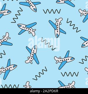 Cartoon aeroplano che vola nel cielo senza soluzione di continuità sullo sfondo di ripetizione. Design piatto con il nero squiggles, utile per progetti di viaggio Illustrazione Vettoriale