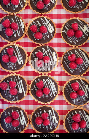 Il cioccolato e le crostate di lampone su un sfondo gingham Foto Stock