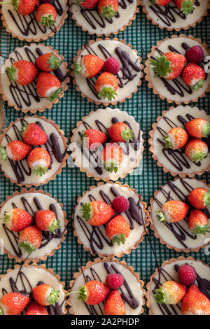 Il cioccolato bianco e le crostate di fragole su un sfondo gingham Foto Stock