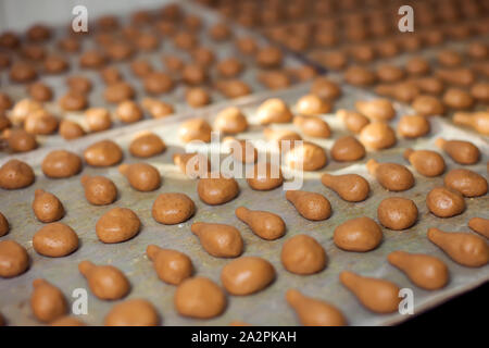 Un procedimento di produzione di prodotti da forno dolci prodotti in fabbrica. Foto Stock