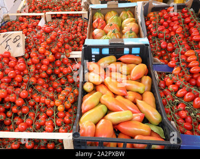 Scatole di pomodori rossi per la vendita al mercato in estate Foto Stock