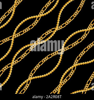 Seamless catene oro pattern. Ripetere il design. Onde curvo, catene di DNA. Design per arredamento, tessuto, stampe, tessile. su sfondo nero. Foto Stock