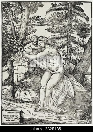 Niccolò Boldrini, Italiano, 1510-1566, dopo Tiziano, Italiano, ca.1488-1576, Venere e Amore, 1566, xilografia stampate con inchiostro nero su carta vergata, immagine e foglio: 12 1/2 x 9 pollici (31,8 × 22,9 cm Foto Stock