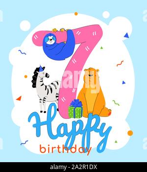 Bambini 7° compleanno biglietto di auguri template vettoriale Illustrazione Vettoriale