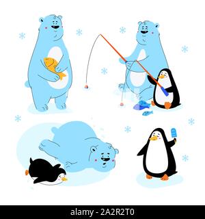 Orso polare e penguin - design piatto caratteri di stile Illustrazione Vettoriale