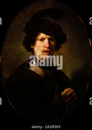 Workshop di Rembrandt Harmensz van Rijn, Olandese, 1606-1669, uomo che indossa un berretto piumati e Gorget, mid-1630s, olio su pannello in legno di quercia, senza cornice: 27 1/8 × 20 3/8 pollici (68,9 × 51,8 cm Foto Stock