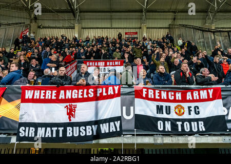 DEN HAAG, Paesi Bassi. 03 ott 2019. Calcio, Cars jeans Stadium, Europa League, stagione 2019-2020, i sostenitori del Manchester United, durante la partita AZ - Manchester United, Credito: Pro scatti/Alamy Live News Foto Stock