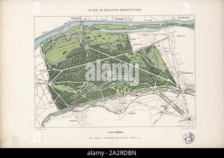 L'architettura Bois de Boulogne, piano generale, piano del Bois de Boulogne di Parigi, firmato: Ch. Walter lith, Imp. Marie, pl. 1, Walter, Ch. (Lith.); Marie (imp.), 1860, Th. Vacquer: Le Bois de Boulogne architectural: Recueil des embellissements exécutés dans son enceinte et à ses abords. Parigi: Caudrilier, 1860 Foto Stock