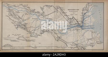 Rheincorrection, Durchstichprojecte, Fig. 1: Mappa per la correzione del Reno tra Bendern e Bodensee su una scala di 1: 100'000, Fig. 2-3: Wuhr con il colore di primo piano e la Fig. 4: profilo Normale per le forature, firmato: Topogr., programma prossimo, da Wurster, Randegger & Cie, Fig. 1, 1872, Vierteljahrsschrift der Naturforschenden Gesellschaft in Zürich. Bd. 17. Alpnach Dorf: Koprint AG, 1872 Foto Stock