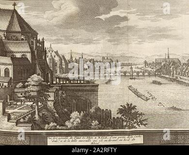 Vuë fort agréable du Pont du Rhin a Bâle, d'une partie de la cathédrale, & de la belle terrasse qui est au devant, au Bord du Rhin, la città di Basilea con ponte sul Reno e Basler Münster, p. 18 (vol. 3), 1730, Johann Georg Altmann: L'état et les Délices de la Suisse en forme de relazione critica, par plusieurs auteurs célèbres. Amsterdam: chez Wetsteins et Smith, 1730 Foto Stock