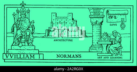 1930 Illustrazione che mostra immagini simboliche dalla storia della Gran Bretagna al tempo di Guglielmo il Conquistatore - Re Guglielmo I - Castelli - Architettura - Legislazione - Arte & Learning Foto Stock