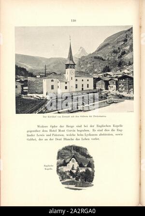 Il cimitero di Zermatt con le tombe di protestanti e cappella inglese, Chiesa Parrocchiale di San Maurizio e in inglese la chiesa di San Pietro in Zermatt nel cantone del Vallese, firmato: Schreiber, Fig. 77, p. 130, Schreiber, Eberhard (Autotypie), Theodor Wundt: Das Matterhorn und seine Geschichte. Berlino: Raimund Mitscher, [1896 Foto Stock