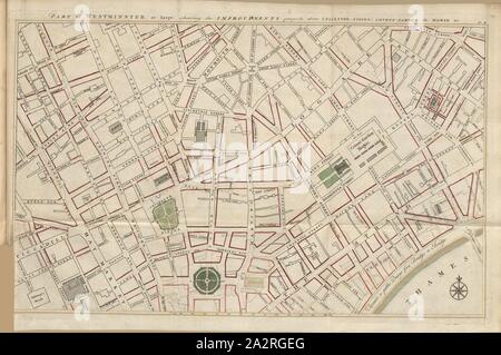 Parte di Westminster a grandi annunziando i miglioramenti propos'd circa Leicester - Campi - Covent Garden, il Mewse & c., XVIII secolo mappa di Westminster, Pt., II, dopo p. 132, 1766, John Gwynn: Londra e Westminster migliorata, illustrata dai piani: al prefissato, un discorso sulla magnificenza publick con osservazioni sullo stato delle arti e degli artisti in questo regno, in cui lo studio della gentile arts è raccomandato come necessario per una istruzione liberale: conclusi da alcune proposte relative a luoghi non previsti nei piani. Londra: stampate per l'autore ..., 1766 Foto Stock