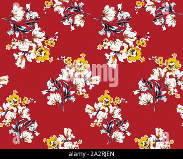 Modello senza cuciture con fiori. Design per tessuto su sfondo rosso. Pronti per le stampe. Foto Stock