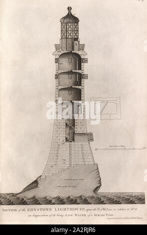 La sezione del faro Edystone su E&W. Linea, ..., la sezione trasversale del faro Edystone dal XVIII secolo, firmato: Incisi nell'anno 1763 dal sig. Edwd., Rooker, n. 9, dopo p. 198, Rooker, Edward, 1763, John Smeaton: un racconto dell'edificio e una descrizione della costruzione del faro Edystone con pietra: a cui è allegate, una appendice, dando conto del faro sul punto di disprezzare, costruito su di una spiaggia di sabbia. Londra: stampate per l'autore da H. Hughs: venduto da G. Nicol, 1791 Foto Stock