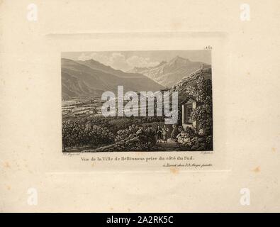 Vista della città di Bellinzona preso dal lato sud, Bellinzona con i tre castelli Castelgrande, Castello di Montebello e Castello di Sasso Corbaro, firmato: J. J. Meyer, J. Sperli, la piastra 23, Meyer, Johann Jakob (CANC.); Sperli, J. (sc.), 1826, Johann Jakob Meyer, Johann Gottfried Ebel: Meyer, Bergstrassen durch Grigioni nach dem Langen- und Comer-See. Mit Einleitung u. Erklärung von Herrn Doctor J. G. Ebel. [Zürich: J. J. Meyer, 1826 Foto Stock