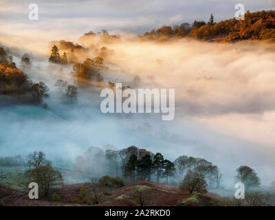 Il Rising Sun si illumina un paesaggio di nebbia durante una inversione di temperatura su un gelido autunno mattina affacciato sulla grande Langdale nel distretto del lago. Foto Stock