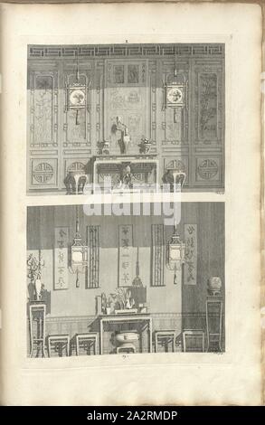 Camere cinesi, illustrazione di due camere in stile cinese del XVIII secolo, firmato: Rooker Sculp, pl., 1, p. 81, Rooker (sculp.), 1757, William Chambers: Disegni e modelli di edifici cinesi, arredi, abiti, macchine e utensili. Londra: pubblicato per l'autore, 1757 Foto Stock