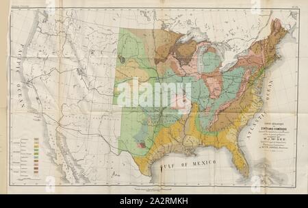 Mappa geologica degli Stati Uniti d'America ..., mappa degli Stati Uniti d'America, firmato: G. Severeyns lith, Pl. IX, dopo p. 375, Severeyns, G. (lith.), 1889, Pierre Viala, B. Chauzit: Une missione viticole en Amérique. Montpellier: Camille Coulet, Libraire-Editeur; Parigi: Georges Masson, 1889 Foto Stock