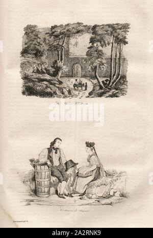 Il vecchio castello - Contadino costumi, sopra: il castello di Hohenbaden (vecchio castello) di Baden-Baden, di seguito: i contadini in abiti tradizionali a S. 270, 1835, Alexandre Martin: La Suisse pittoresco et ses dintorni. Tableau général, descriptif, historique et Statistique des 22 cantoni, de la Savoie, d'une partie du Piémont et du pays de Bade. Parigi: Hippolyte Souverain, 1835 Foto Stock
