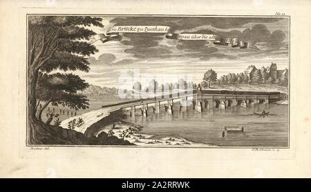 Il ponte a Zwethau a Torgau oltre il vecchio Elbe, il ponte del fiume Elba vicino Zwethau (Sassonia), firmato: Richter del, C.R. Thoman sc, Fig. 18, n. 22, dopo p. 96, Werner, Anna Maria (CANC.); Thomann von Hagelstein, Christoph Raimund (sc.); Breitkopf, Bernhard Christoph (ed.), 1735, Carl Schramm cristiana: Historischer Schauplatz in welchem die merkwürdigsten Brücken aus allen Theilen der Welt, insonderheit aber die in den vollkommensten Stand versetzte Dresdner Elb-Brücke, in saubern Prospecten, Münzen und andern Kupferstichen, vorgestellet und beschrieben werden. Lipsia: Bey Bernhard Christoph Foto Stock